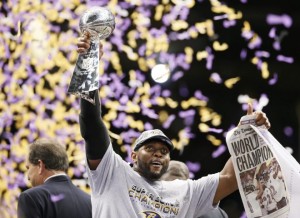 Baltimore Ravens inside linebacker Ray Lewis holds up the Vince Lombardi Trophy after his team defeated the San Francisco 49ers in the NFL Super Bowl XLVII football game in New Orleans