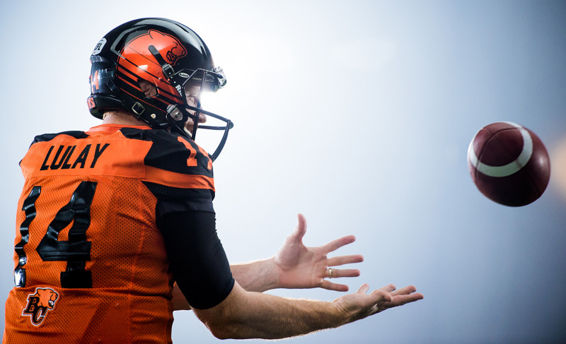 Travis Lulay (14) of the BC Lions during the CFL / TSN shoot in Mississauga, ON. Tuesday, April 19, 2016. (Photo: Johany Jutras)