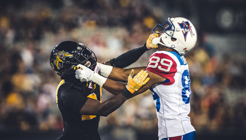 Duron Carter (89) and Cassius Vaughn (24) during the game between the Hamilton Tiger-Cats and the Montreal Alouettes at Tim Hortons Field in Hamilton, ON. Friday, September 16, 2016. (Photo: Johany Jutras)