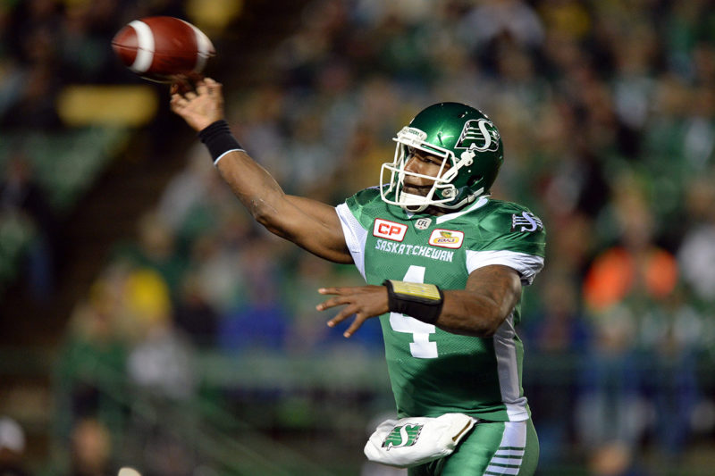 Darian Durant #4 of the Saskatchewan Roughriders throws a pass in a game agains the Hamilton Tiger-Cats during second quarter CFL action in Regina on Saturday, Sept. 24, 2016. (CFL PHOTO - Troy Fleece)