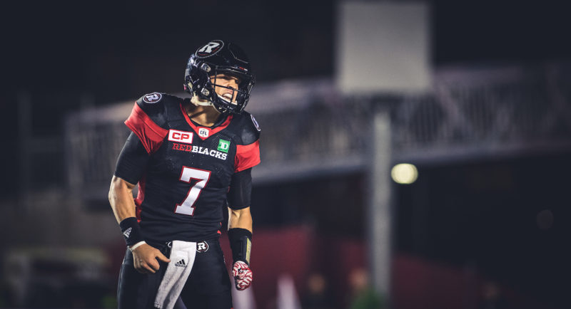 Trevor Harris (7) during the CFL game between the Ottawa RedBlacks and the Saskatchewan Roughriders at TD Place Stadium, Ontario, Canada on Friday, October 7, 2016. (Photo: Johany Jutras)