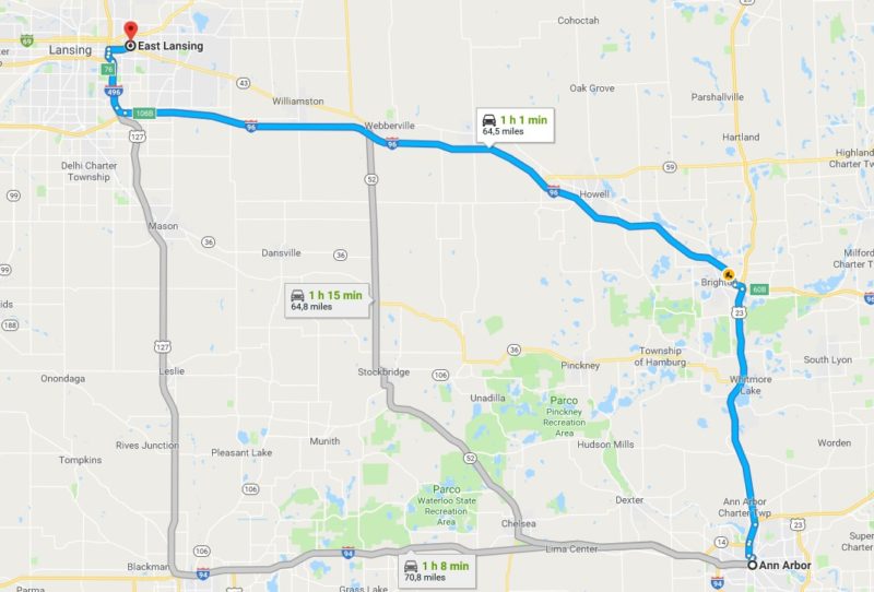 da Ann Arbor Michigan Stati Uniti a East Lansing Michigan Stati Uniti Google Maps